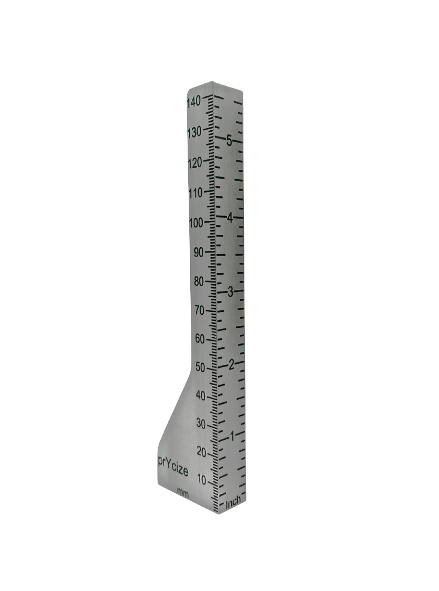 Prycize Midi photographer's vertical height gauge showing metric and imperial measuring faces and scale rules for measurements in photography of miniatures, dolls, figures, toys and other small objects